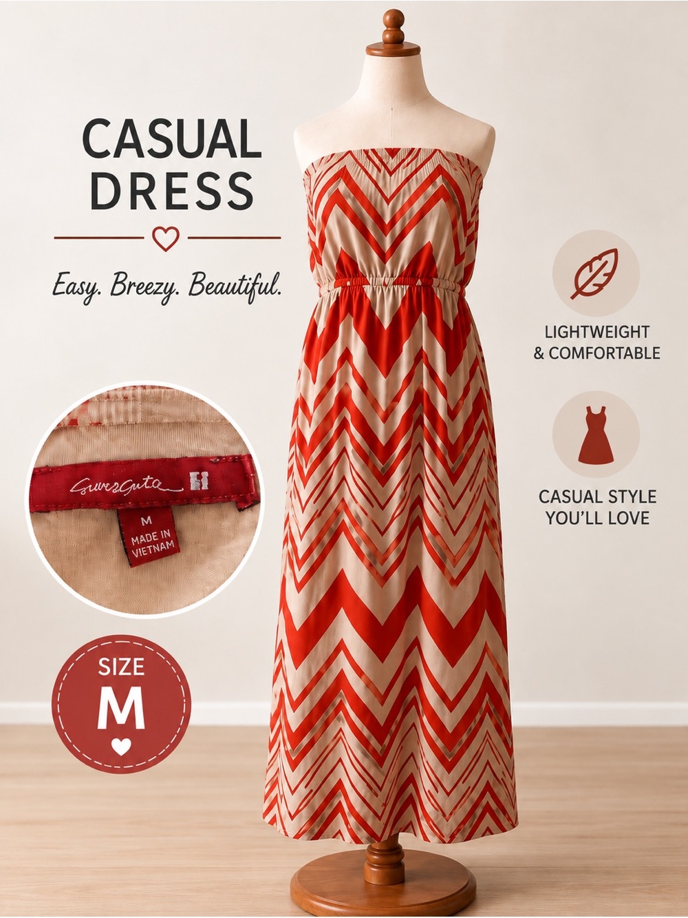 Strapless Chevron Maxi Dress in Red and Cream